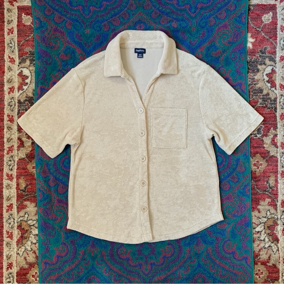 Gap Body Towel Terry beige button front short sleeve top - Picture 12 of 16